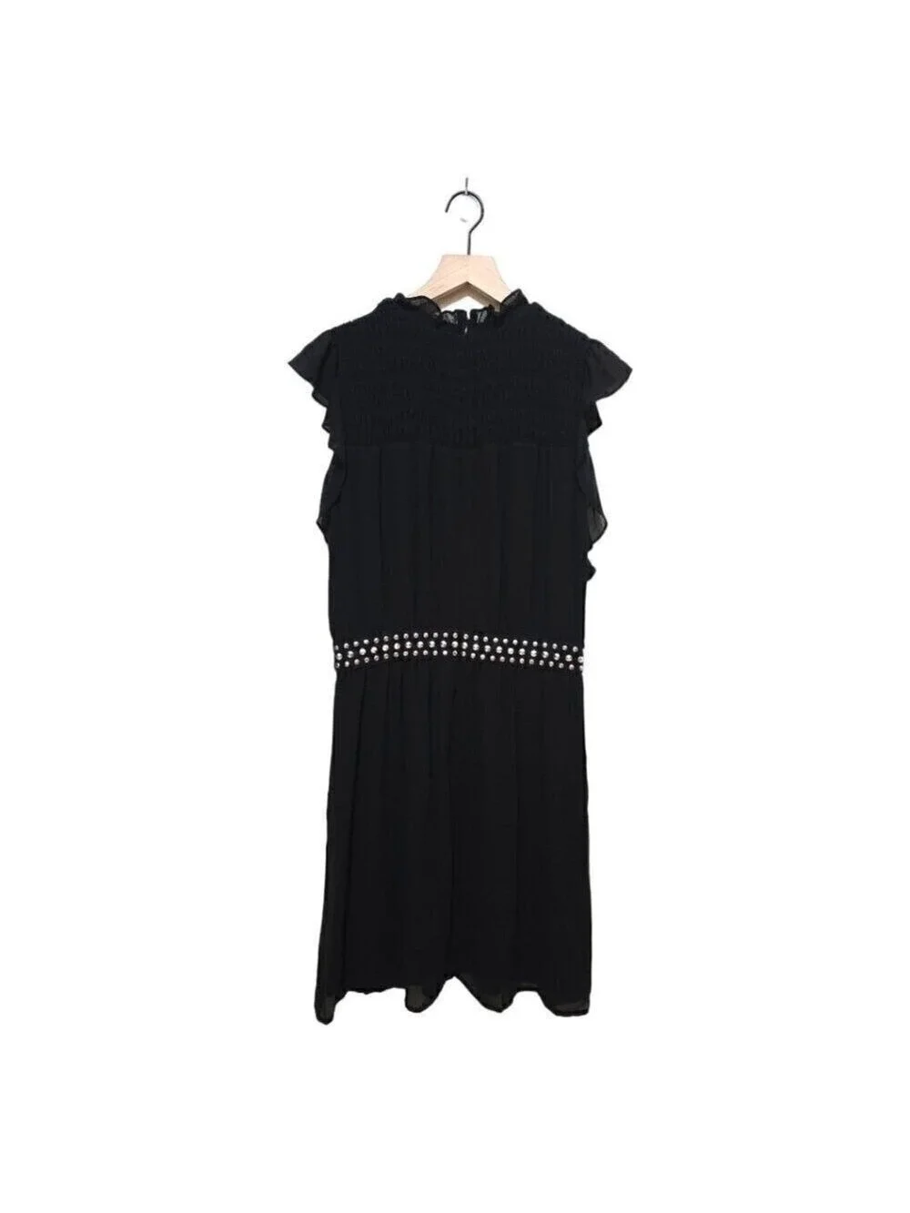 Michael Kors Black Studded Smocked Ruffle Neck Mini Dress Sz S